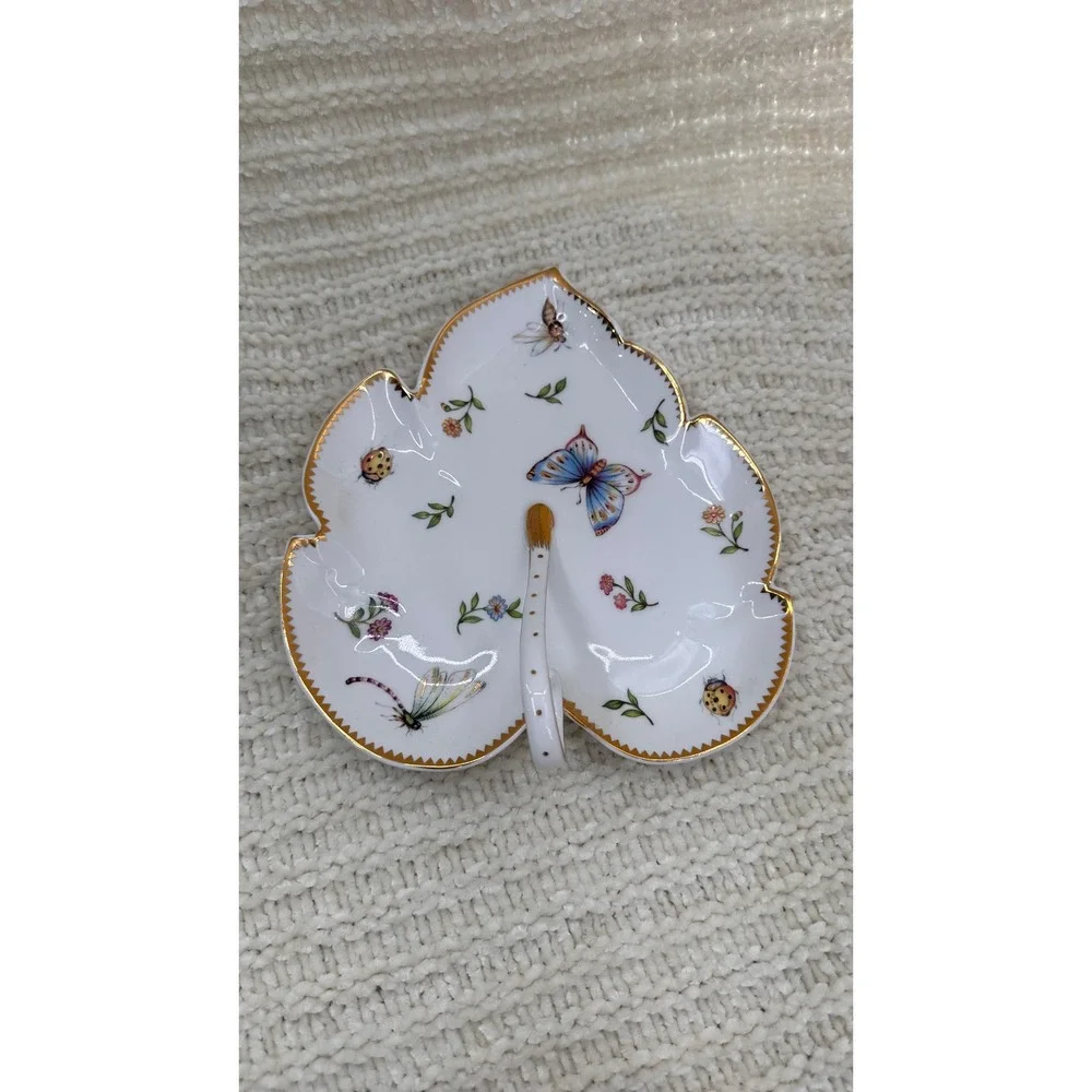 I Godinger & Co Leaf Dish Butterfly Porcelain Trinket‎ Dish Candy Tray Gold Trim